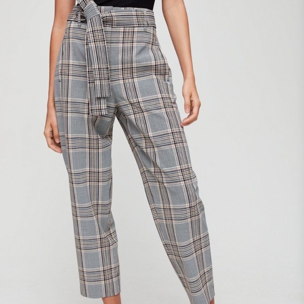 Aritzia Wilfred Tie Front Check Pant Black Blue Gold Size 4